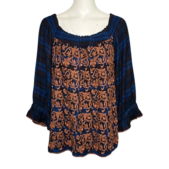 Sister Mary Plaid Embroidered Peasant Top Women's Size XL Blue Brown Bohemian - Picture 1 of 13